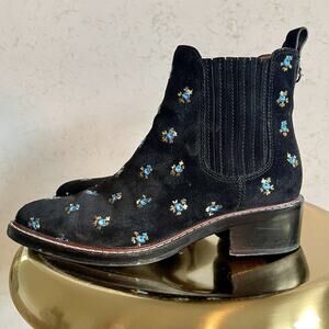 Coach Bowery Black Suede Floral Embroidery Chelsea Ankle Boots Booties 2” Sz 6,5